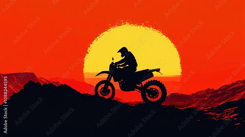 Fototapeta premium 2410_013.off road motorcycle artwork, large setting sun background, bold black rider silhouette, professional vector illustration, side profile motorcycle, adventure bike details, minimalist