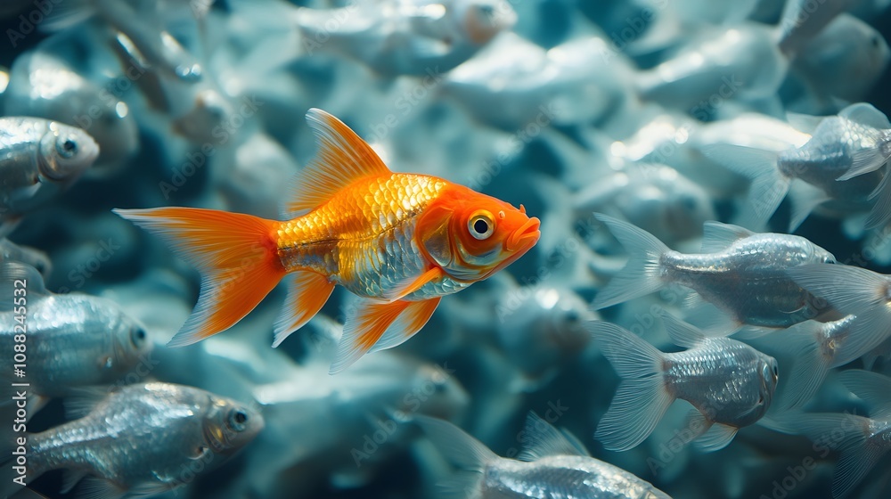 Fototapeta premium A vibrant fish swimming against a river of silvery identical fish, symbolizing individuality and resilience, dynamic river background. unique fish, individuality, determination