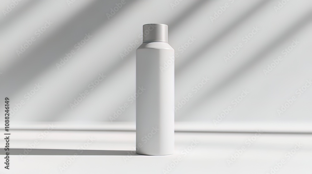White cylindrical bottle mockup on a white surface with soft light and shadows. White cylindrical bottle mockup on a white surface with soft light and shadows.