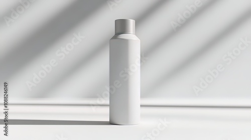 White cylindrical bottle mockup on a white surface with soft light and shadows.