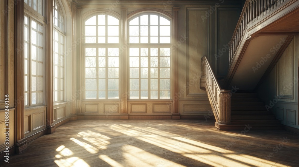 Obraz premium A bright, empty room with tall windows and a staircase leading to another level.
