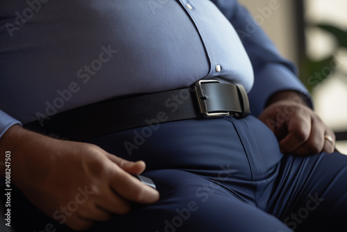 Overweight businessman sitting with tight belt and glucose meter