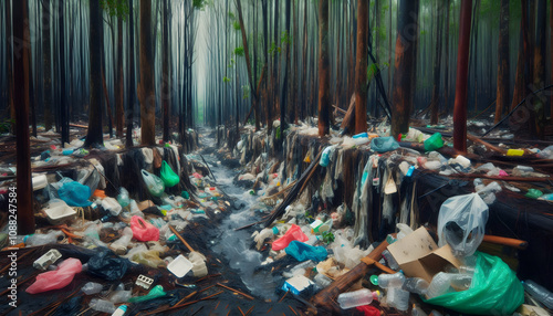 Green earthA forest devastated by waste pollution, with plastic bags hanging on trees and toxic waste seeping 4 photo