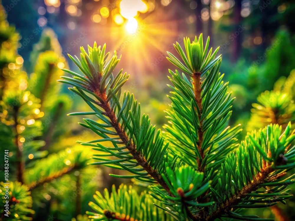 Lush Green Pine Needles Glimmering in a Vibrant Forest - Macro Photography of Nature's Foliage Lush Green Pine Needles Glimmering in a Vibrant Forest - Macro Photography of Nature's Foliage