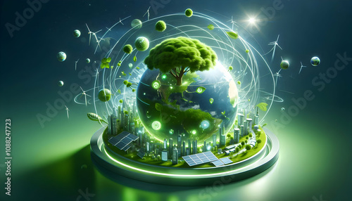 Green earthA green mini planet Earth with a vast tree, highlighting natural energy, climate control, and eco-f3 photo