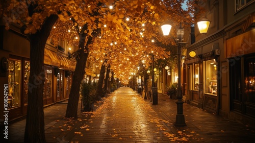 Autumn Night Street with Golden Lights