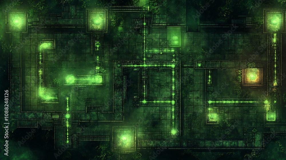 Glowing green pipes and structures in dark, mysterious environment. Glowing green pipes and structures in dark, mysterious environment.