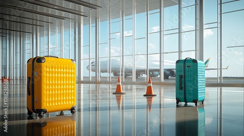 2410_121.vivid yellow and teal hardshell suitcases, airport terminal interior, large windows, commercial airliner on tarmac, clear blue sky, orange safety cones, polished floor reflection, travel photo