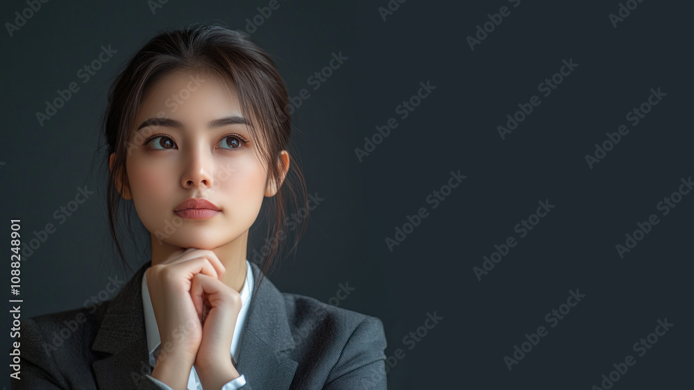 Chinese business woman thinking and wondering calculate about ideas Chinese business woman thinking and wondering calculate about ideas