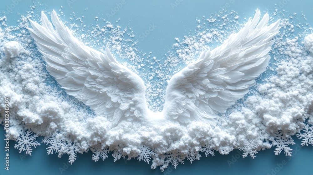 Fototapeta premium Ethereal white wings amidst snowflakes on a blue background.