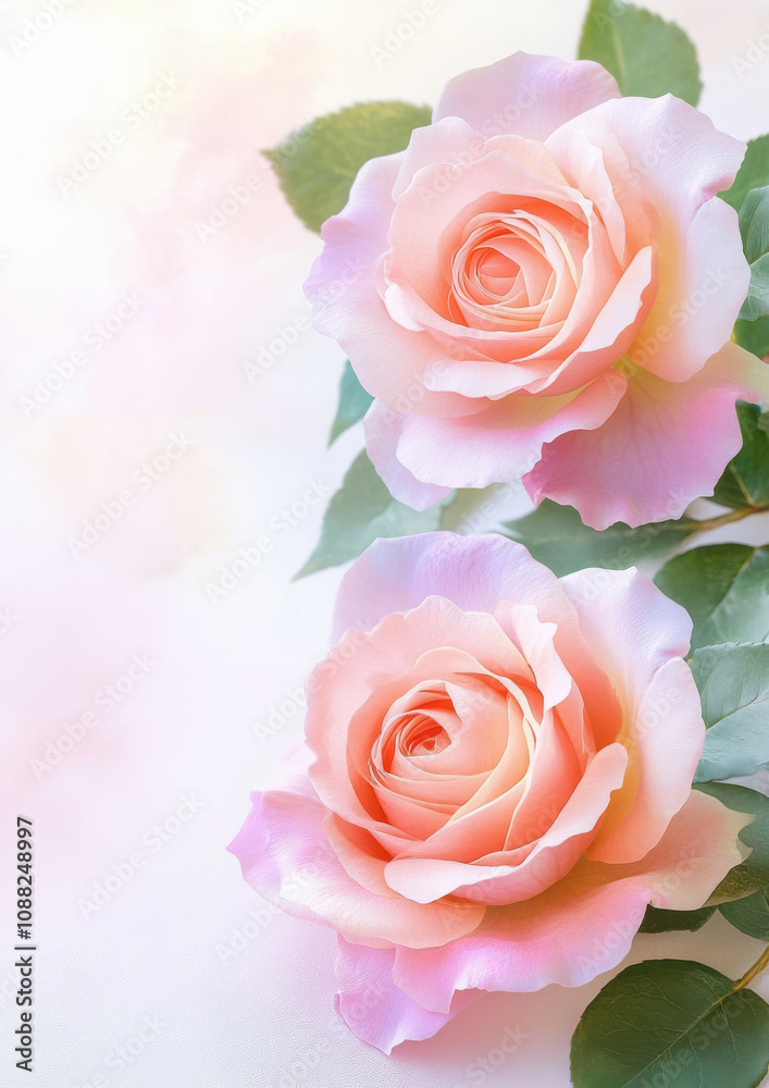 pair of pink roses, beautifully arranged with soft petals and green leaves, evoke sense of tranquility and elegance. This watercolor painting captures their delicate beauty