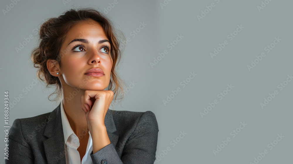 Hispanic business woman thinking and wondering calculate about ideas