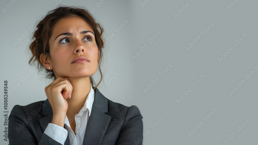 Hispanic business woman thinking and wondering calculate about ideas Hispanic business woman thinking and wondering calculate about ideas