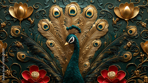 Golden Peacock: A majestic peacock with emerald green plumage and gold accents, adorned with intricate floral designs, evokes luxury, beauty, and elegance.  A captivating image for design, fashion.