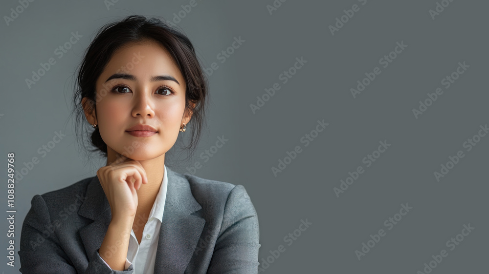 Indonesian business woman thinking and wondering calculate about ideas Indonesian business woman thinking and wondering calculate about ideas