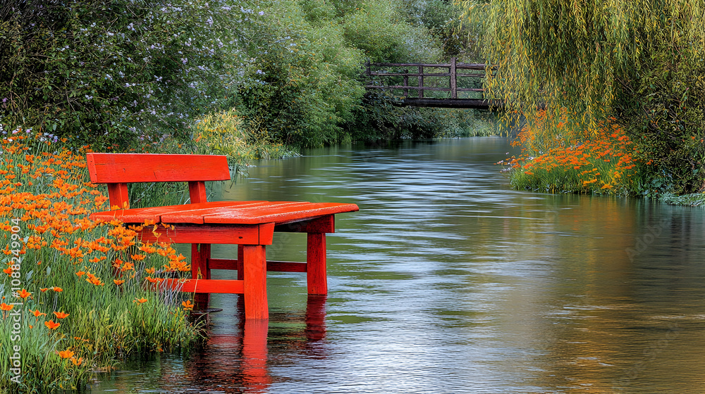Vibrant Red Bench Overlooking Tranquil Waterway Surrounded by Lush Greenery and Colorful Wildflowers at Peaceful Nature Scene Vibrant Red Bench Overlooking Tranquil Waterway Surrounded by Lush Greenery and Colorful Wildflowers at Peaceful Nature Scene