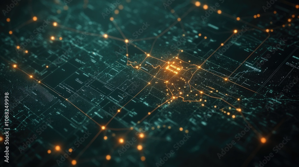 Abstract Digital City Map with Bright Connections and Glowing Nodes Representing Modern Urban Networking and Data Flow in Technology and Communication Abstract Digital City Map with Bright Connections and Glowing Nodes Representing Modern Urban Networking and Data Flow in Technology and Communication