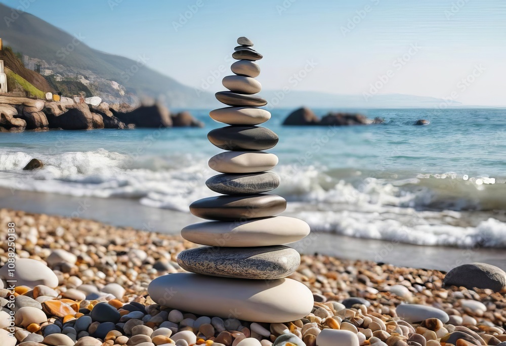 Fototapeta premium A stack of smooth stones on a sandy beach at sunset, with the sea and orange sky in the background