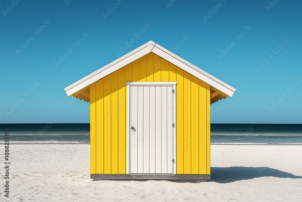 Yellow beach hut standing on white sand beach under blue sky Yellow beach hut standing on white sand beach under blue sky