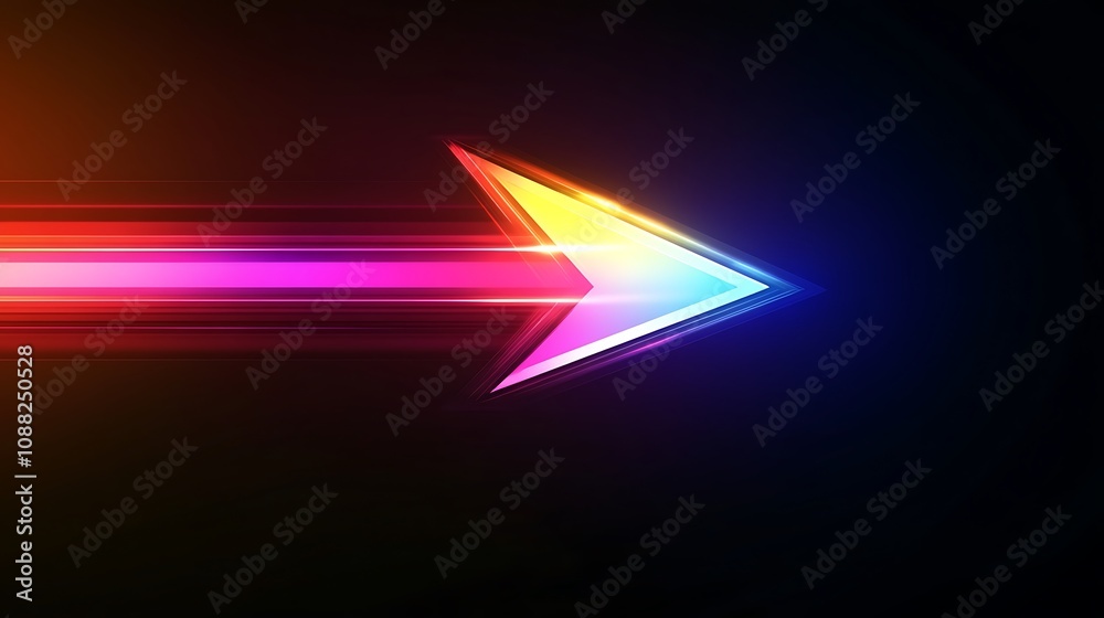 Glowing neon arrow pointing right, speed, motion, light trail. Glowing neon arrow pointing right, speed, motion, light trail.
