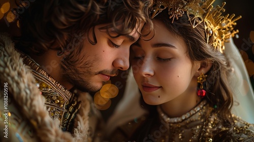 Royal Couple in Love. Close Up Portrait of Romantic King and Queen in Golden Costumes.