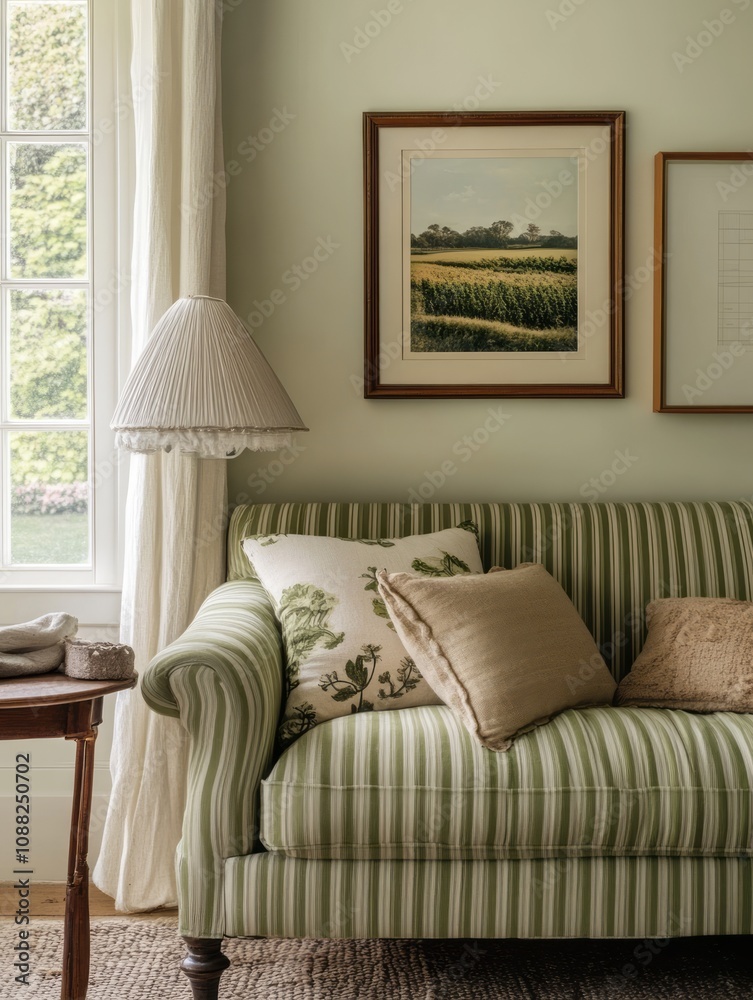 Fototapeta premium Green Striped Sofa With Floral Pillows In A Sunny Room