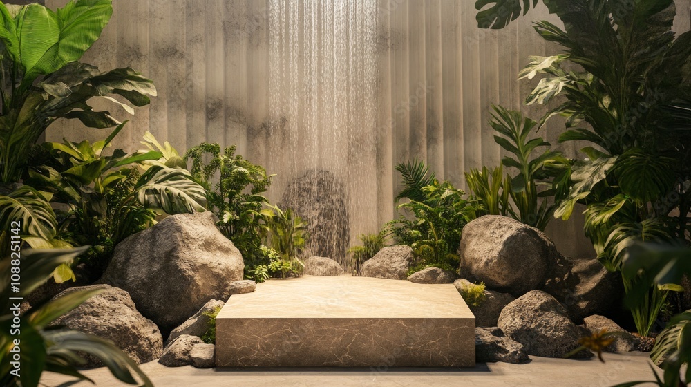 Tropical Waterfall Display with Rocks and Plants Tropical Waterfall Display with Rocks and Plants