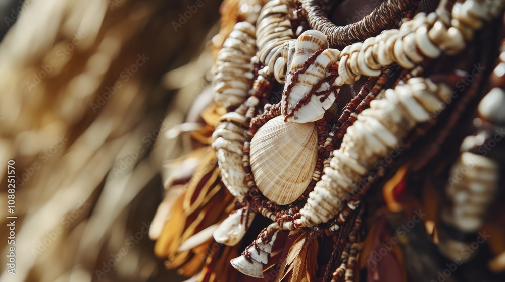 Naklejka premium Close-up of tribal adornment featuring shell necklace and natural materials, highlight fine details and cultural craftsmanship. 