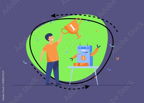 Child getting award for robot flat vector illustration. Cartoon young winner holding golden cup. Programming and school competition concept