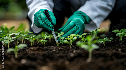 Wallpaper Mural A Scientist in Green Gloves Carefully Applies Liquid to Young Plant Seedlings in a Garden, Focused on Plant Growth and Research Torontodigital.ca