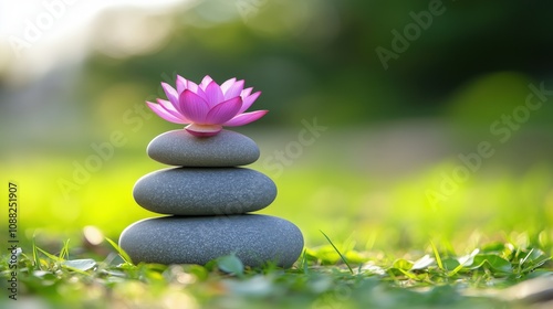 A tranquil scene featuring a lotus flower atop stacked stones.