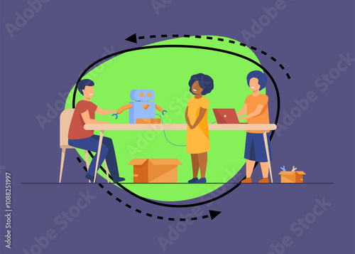 Children presenting cyborg at robotics class. Children showing robot to teacher. Vector illustration for education, robotic technology, school project concept