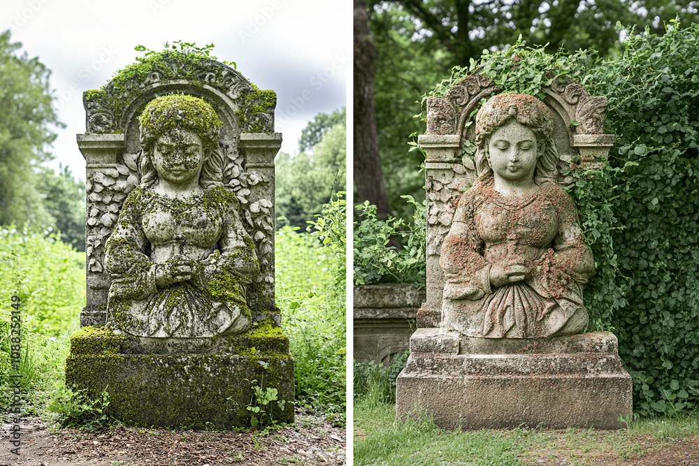 Historic stone figure in a garden before and after restoration Historic stone figure in a garden before and after restoration