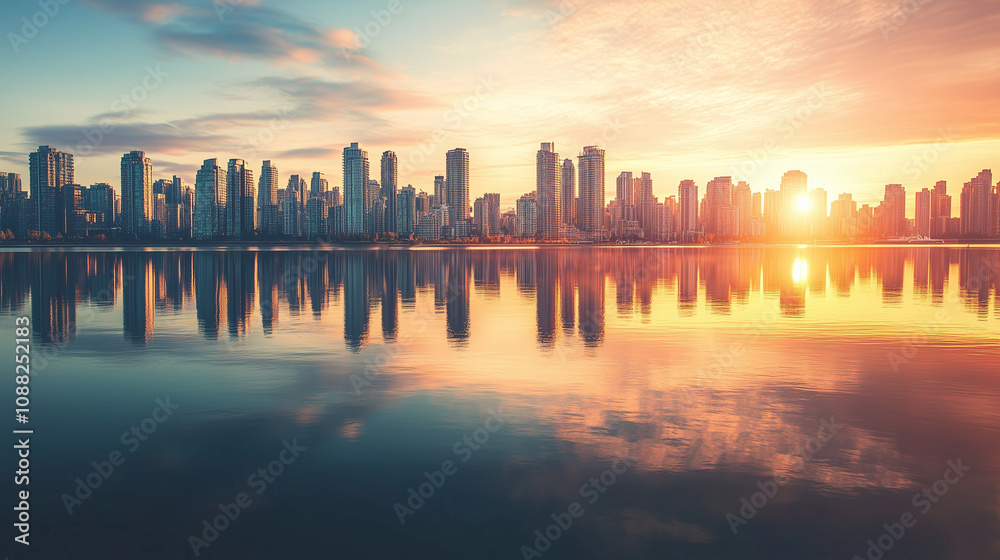 Obraz premium Golden hour city skyline reflected in calm water, high detail and soft colors.