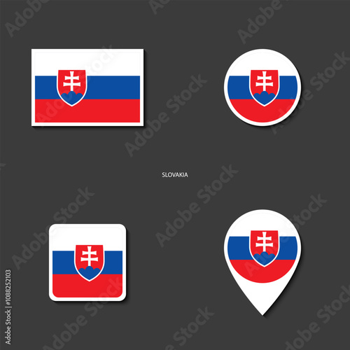Slovakia flag icon set in different shape (rectangle, circle, square and marker icon) on dark grey background. Slovakia sticker icon collection on barely dark background	
