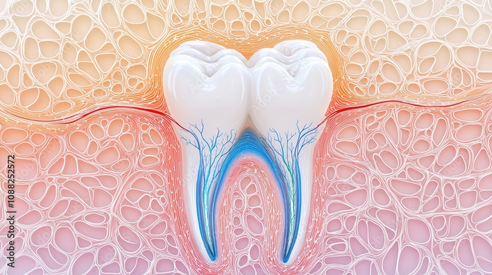 Illustrated tooth anatomy with root and crown sections, enamel layer detail, and nerve pathways, clinical accuracy with vibrant colors Illustrated tooth anatomy with root and crown sections, enamel layer detail, and nerve pathways, clinical accuracy with vibrant colors