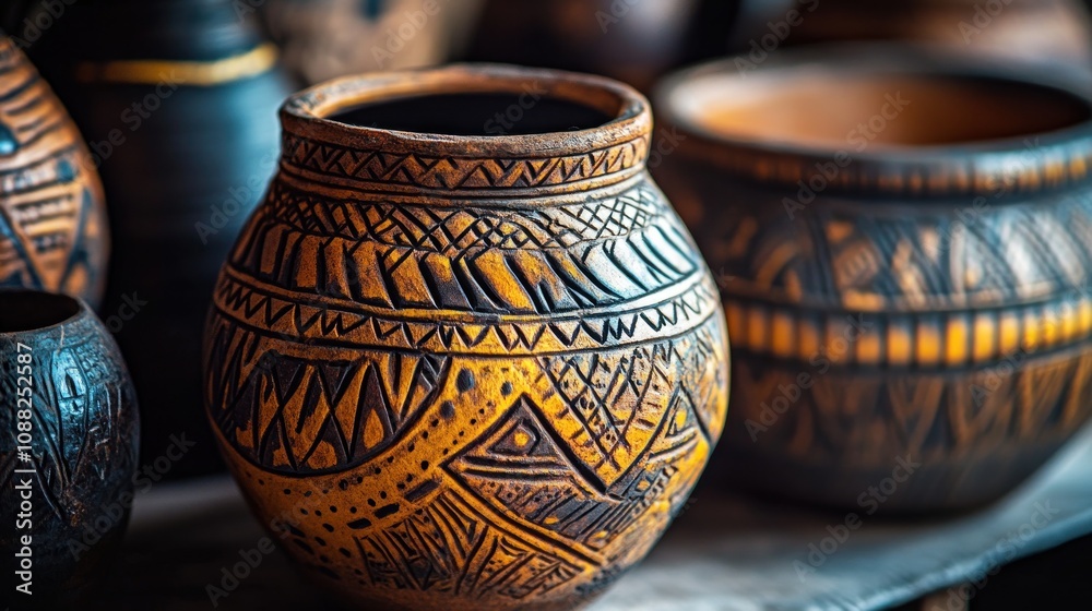 Detailed tribal pottery featuring intricate clay patterns, close-up clarity and artistic appeal. Detailed tribal pottery featuring intricate clay patterns, close-up clarity and artistic appeal.
