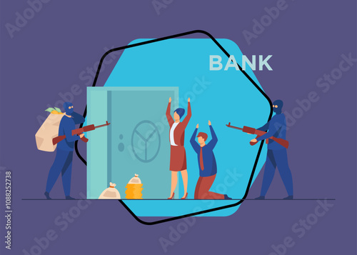 Gangsters with gun robbing bank. Criminals aiming riffle at workers, taking bags with money. Vector illustration for finance, security, robbery, burglars concept