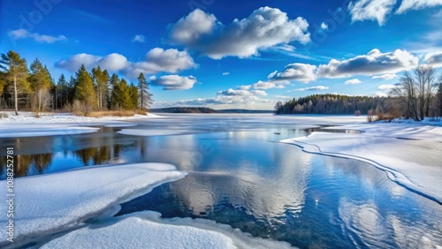 Snow-covered landscape with open water patches in a frozen lake, winter, cold, icy, nature, scenery, serene, tranquil