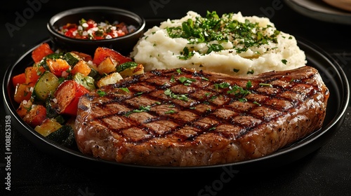 Juicy grilled steak with perfect sear marks served with creamy mashed potatoes and roasted vegetables garnished with fresh herbs on black plate.