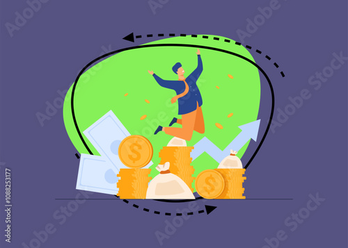 Happy rich banker celebrating income growth. Broker enjoying success in stock market trading. Flat vector illustration for money, finance, millionaire concept