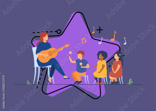 Kindergarten teacher playing guitar for diverse group of kids. Preschool children enjoying music lesson. Flat vector illustration for day care activity, childhood concept