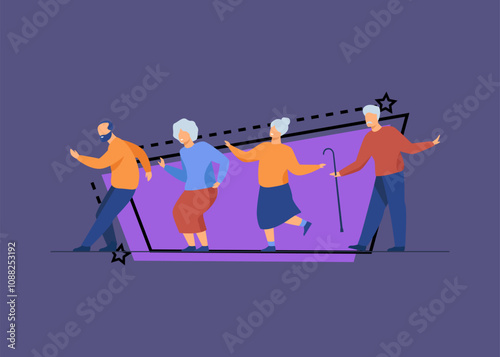 Happy senior people dancing at party. Cartoon grey haired old men and women enjoying music in club, having fun . Vector illustration for age, hobby, joy, retirement concept