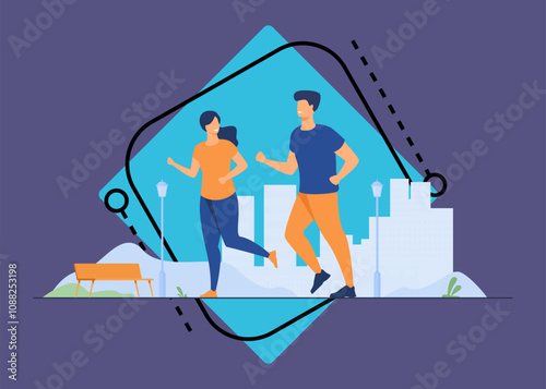 Happy smiling couple running at summer park flat vector illustration. Two cartoon runners jogging marathon together. Sport and healthy lifestyle concept