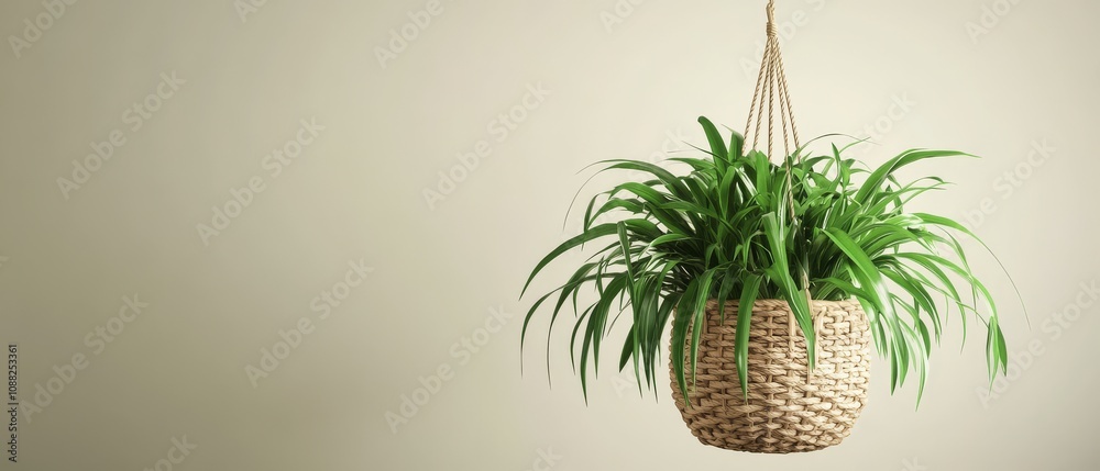 A vibrant green plant is elegantly suspended in a woven basket against a soft, neutral wall, adding a touch of nature to the indoor space. A vibrant green plant is elegantly suspended in a woven basket against a soft, neutral wall, adding a touch of nature to the indoor space.