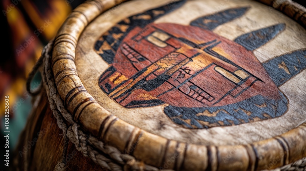 Close-up of tribal drum with carved designs and natural materials, captured vibrant, high-quality texture details. Close-up of tribal drum with carved designs and natural materials, captured vibrant, high-quality texture details.