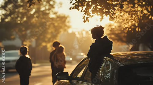 A calm morning scene where a mother leans on the hood of her car, watching her children join their classmates  photo