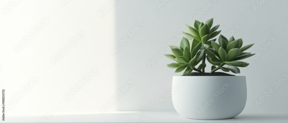 A modern, minimalistic indoor setting featuring a vibrant green succulent in a white pot against a bright wall.