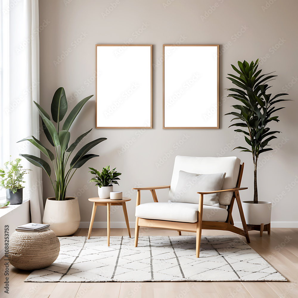 Empty frame on the wall, modern living room design Empty frame on the wall, modern living room design