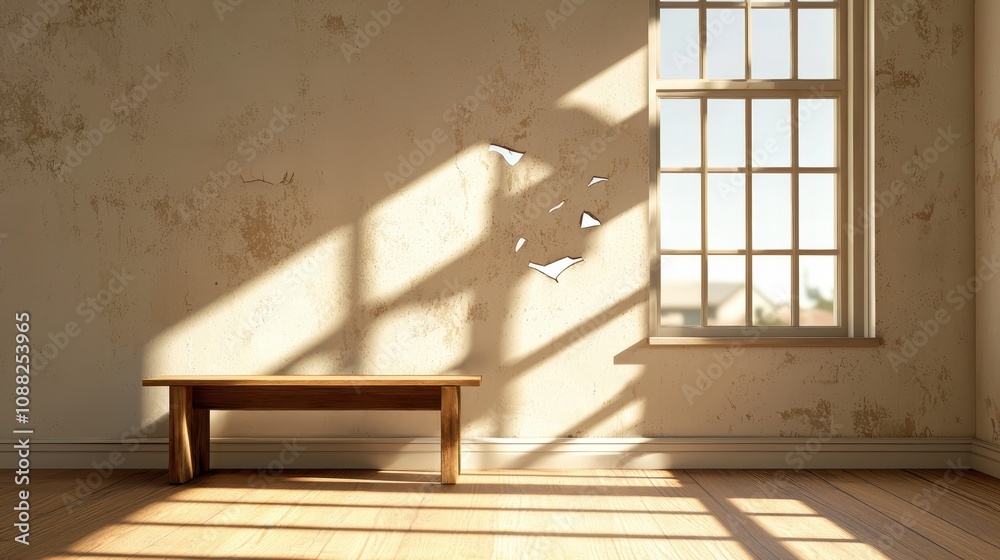 A sunlit empty room features a rustic wooden bench and a wall with peeling paint, creating a serene, minimalistic atmosphere. A sunlit empty room features a rustic wooden bench and a wall with peeling paint, creating a serene, minimalistic atmosphere.